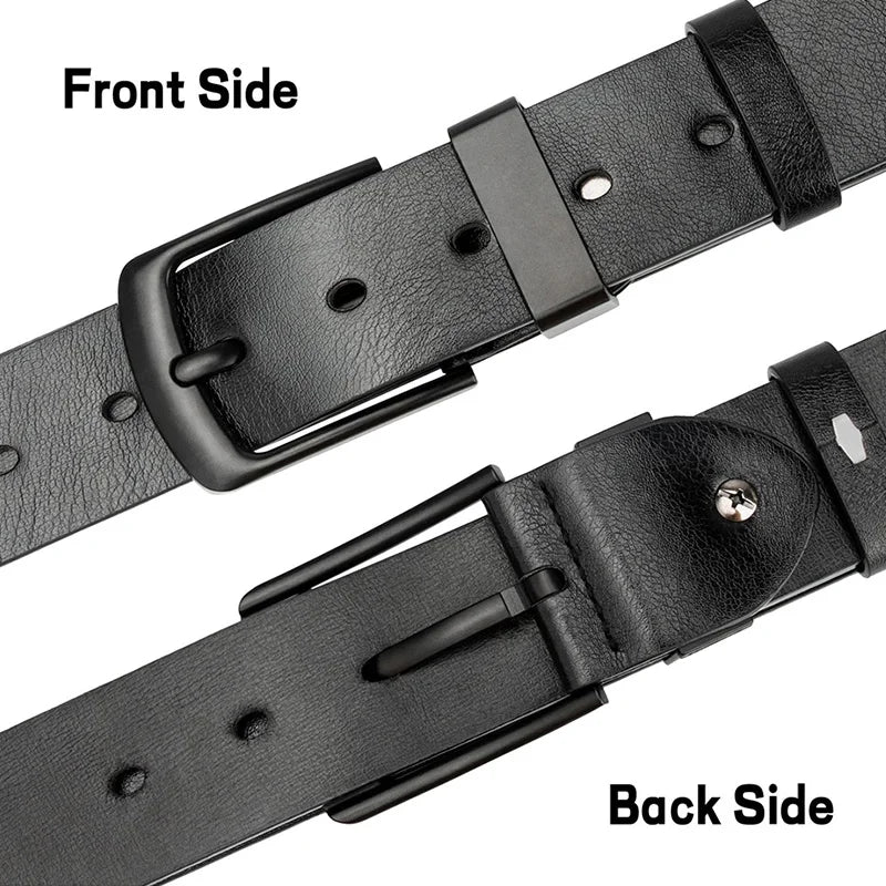 Men's Classic Black Leather Belt with Stylish Pin Buckle , Wide men belts