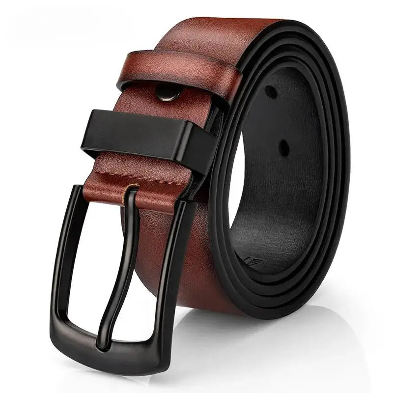 Men's Classic Black Leather Belt with Stylish Pin Buckle , Wide men belts