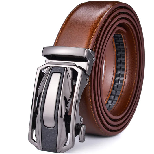 Genuine Leather Ratchet Belt for Men with Slide Click Automatic Buckle, Plus Size Belts
